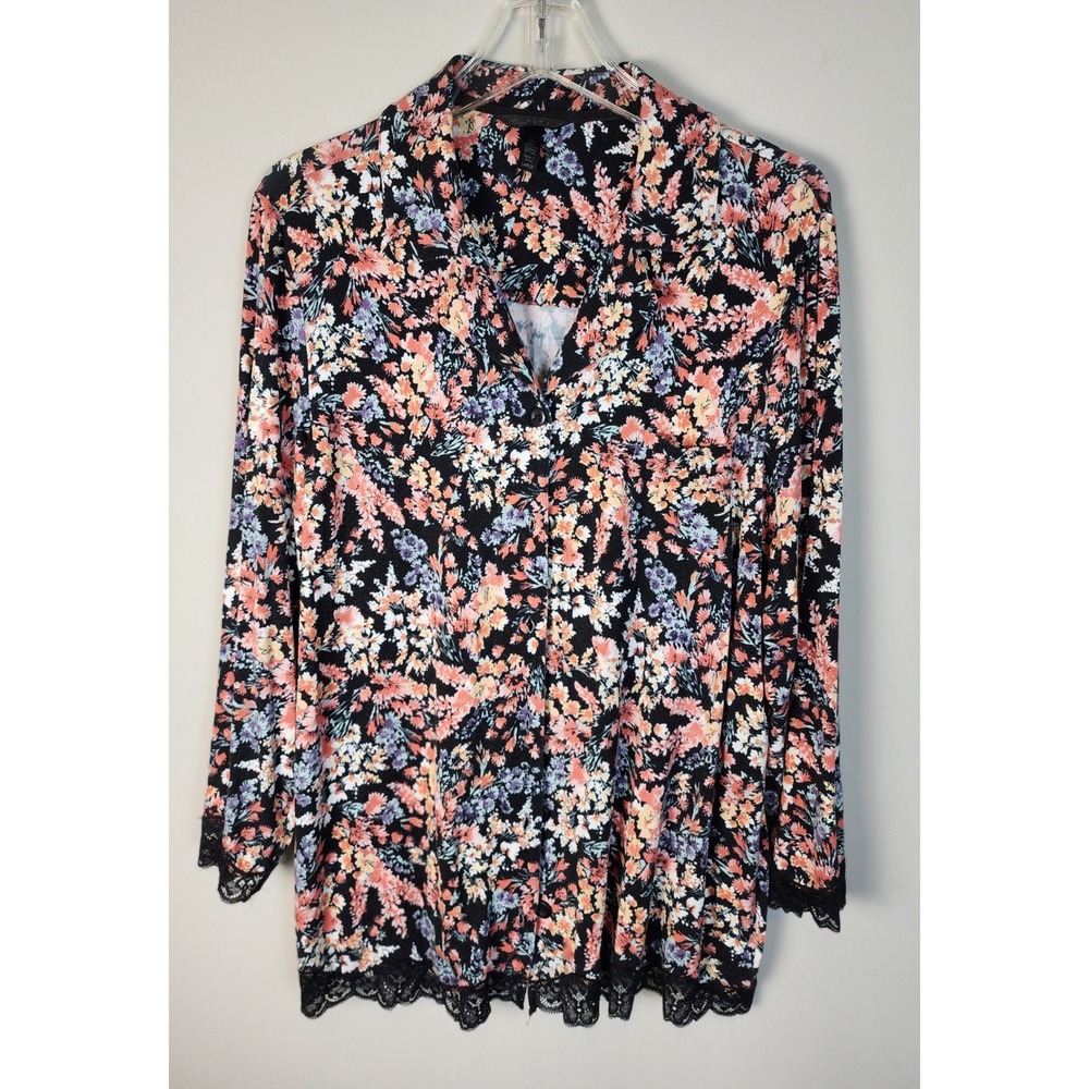 Cool Nights Floral‎ Print Long Sleeve Lace Trim Top Blouse Black Multi L